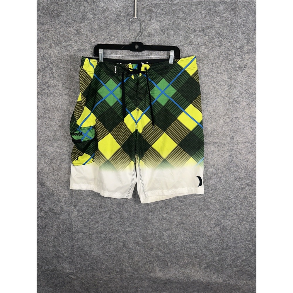 Hurley Men Swimwear 36‎ Multicolor Check Board Shorts Logo Drawstring 11 Inseam